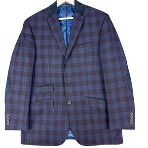 Van‎ Heusen Studio Blazer Mens 40R Blue Plaid Elbow Patch Sport Coat Jacket